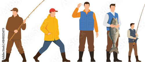 Fishermen Characters Vector Illustration Set Showing Different Fishing Activities Poses and Clothing Styles for Outdoor Sport Recreation and Hobby Design