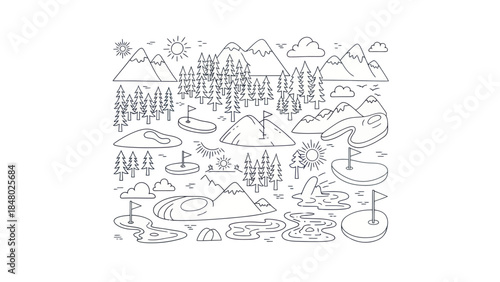 Outlined landscape illustration with mountains trees water flags and sun