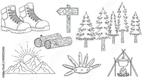 Outdoor adventure vector illustration set hiking boots sign trees logs mountains