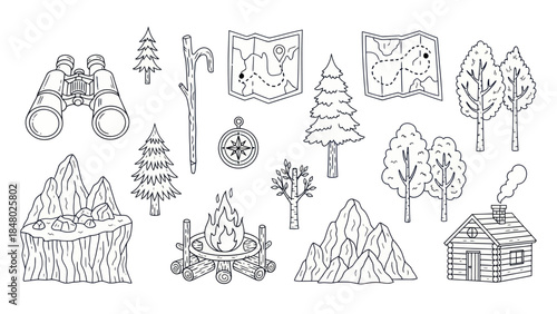 Outdoor adventure elements binoculars map campfire and nature illustrations