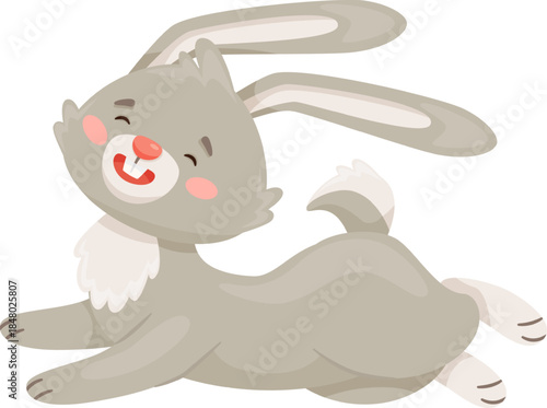 Gray cartoon rabbit happily jumping with a cheerful smile