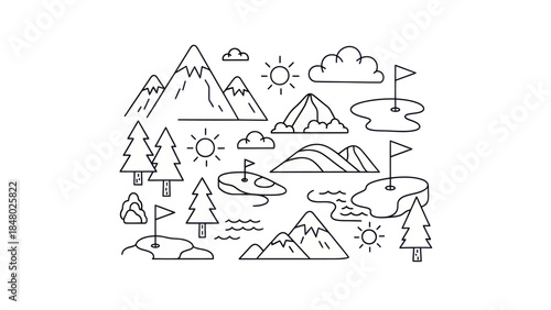 Outlined landscape scene with mountains trees sun clouds and golf flags illustration