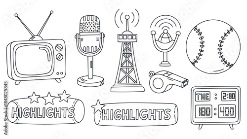 Outlined media and sports icons television microphone and baseball elements
