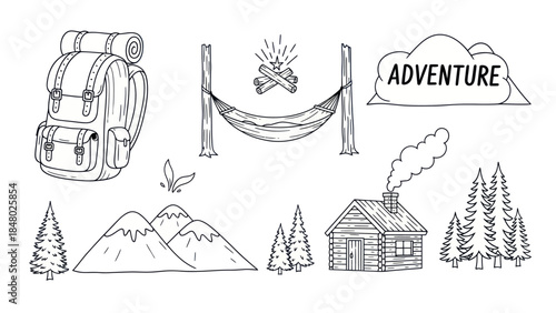 Outdoors adventure elements backpack campfire hammock cabin and forest illustration