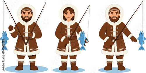 Ice Fishing People Vector Illustration Set Showing Men and Woman in Winter Clothing Holding Rods and Caught Fish for Cold Season Outdoor Recreation Design