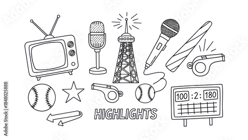 Outlined media icons representing news sports and entertainment elements