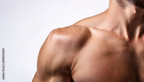 Shoulder of a male displayed with a white background with a bright light setting