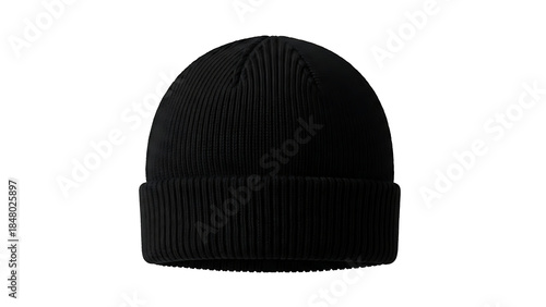 Front view of a black ribbed knit beanie hat with cuff isolated on white background.
