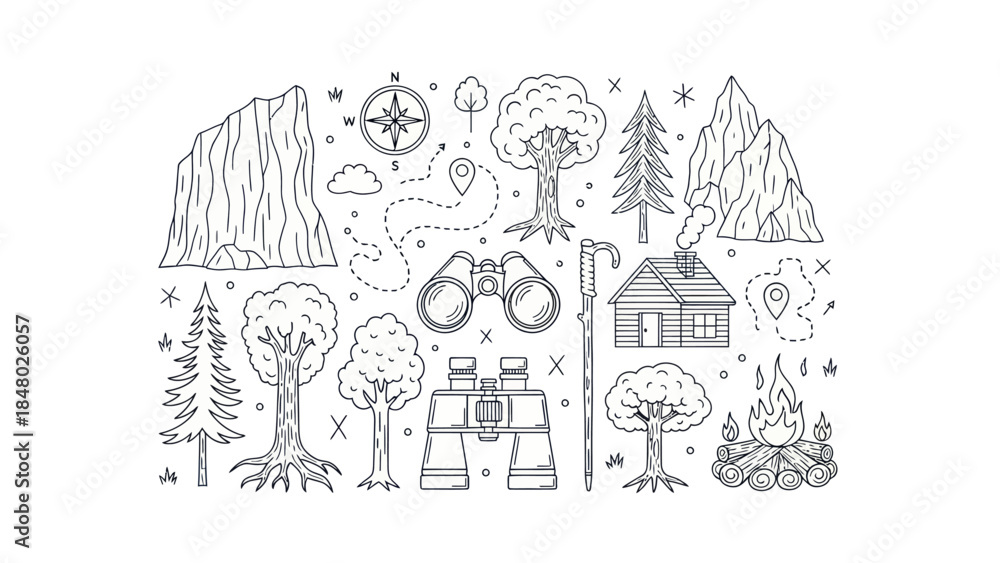 Naklejka premium Outdoors adventure elements illustration mountains trees campfire and binoculars