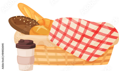 Picnic basket carrying fresh baked goods and coffee