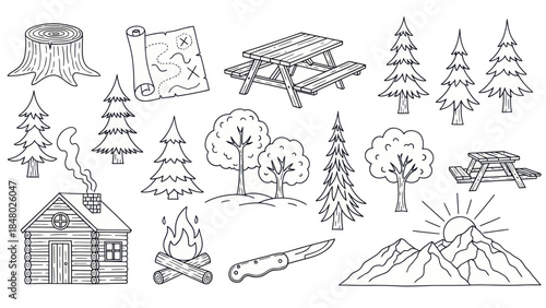 Outdoors adventure elements hand drawn illustration isolated on white background
