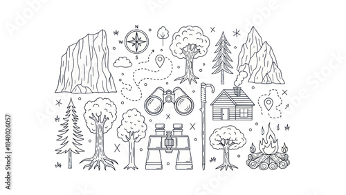 Outdoors adventure elements illustration mountains trees campfire and binoculars