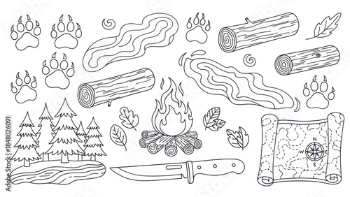 Outdoors adventure elements illustration set with logs fire map and footprints