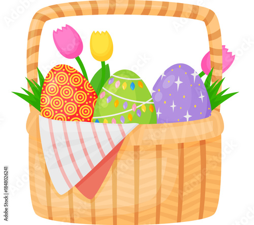 Easter basket filling with colorful decorated eggs and spring tulips