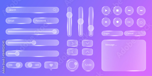 Glass interface elements. Glassmorphism interface. Glass texture web set of buttons, forms, and icons.