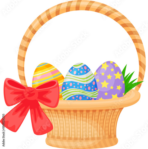 Easter basket filling with colorful decorated eggs and a red bow