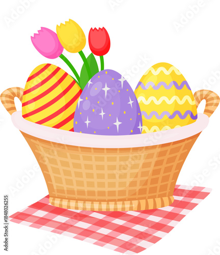 Easter eggs and tulips in wicker basket on tablecloth