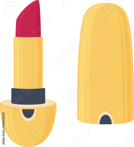 Open lipstick with crimson color and golden case