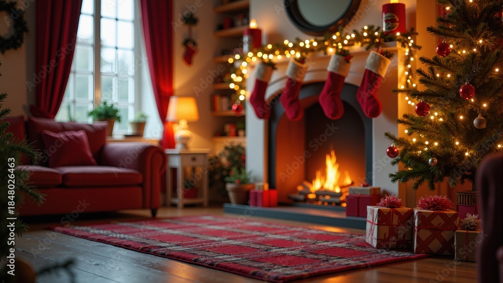 Obraz premium Photorealistic / cozy lifestyle photo: `Photorealistic Christmas postcard image of a traditional British sitting room, fireplace with hanging stockings, realistic glowing fairy lights on the tree, wra