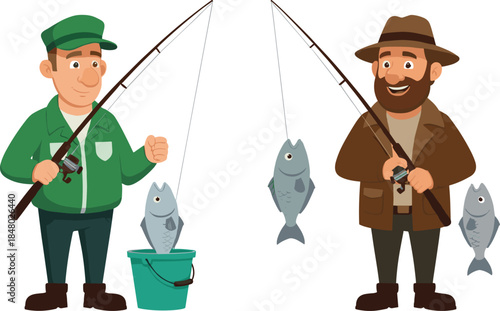 Fishing Men Cartoon Vector Illustration Showing Two Fishermen Holding Rods and Caught Fish for Outdoor Hobby Recreation and Leisure Activity Design.