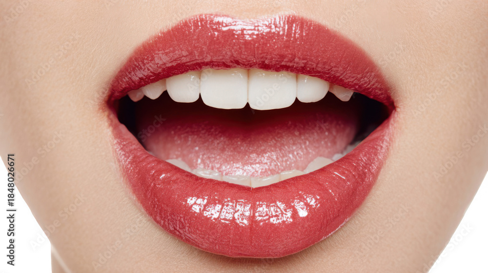 Fototapeta premium Close up of glossy red lips slightly open, revealing white teeth and tongue, isolated on a transparent background, creating a striking image of beauty and sensuality