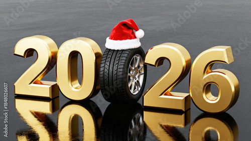 A festive gold 2026 number with a black tire adorned with a Santa hat, against a black background. Repair, workshop, auto mechanic. New Year's in transportation sector