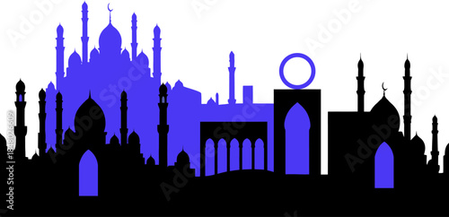 Ramadan Kareem Night Scene with Grand Mosque Illustration.