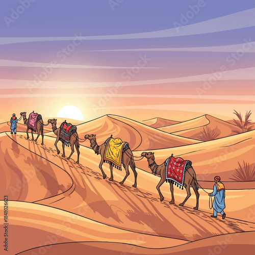 Desert Camel Caravan at Sunset Dune Landscape Illustration