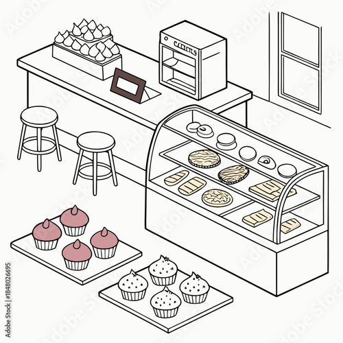 Cozy bakery display with pastries and cupcakes