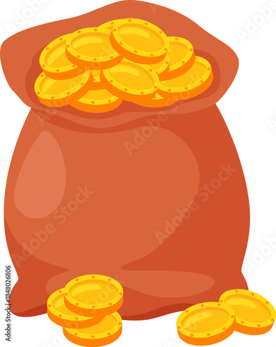 Brown bag overflowing with gold coins wealth