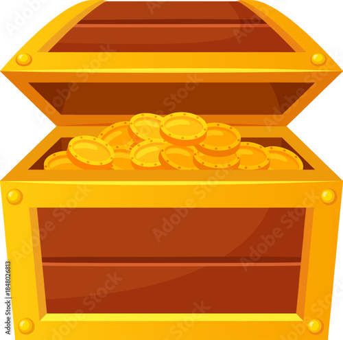 Open treasure chest overflowing with many golden coins