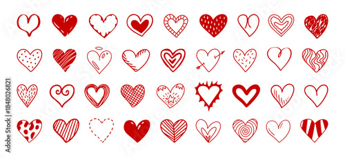 Cute red doodle heart. Hand drawn Valentines day love pink line art icons. Brush sketch and ink stroke romantic design, wedding and engagement heart shape symbol. Vector isolated set