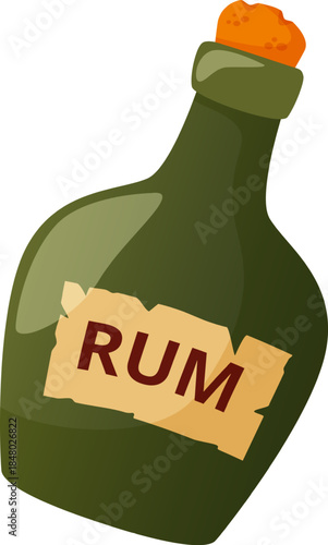 Green rum bottle with a cork stopper and a label reading RUM
