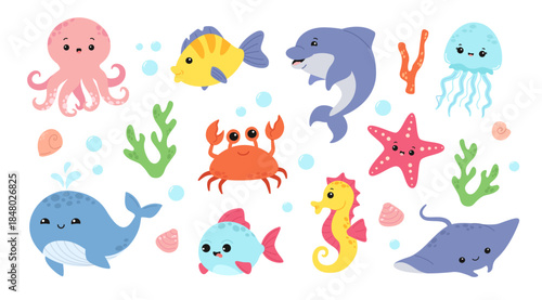 Cute sea animal cartoon. Aquatic marine life, underwater children character or ocean creatures vector illustration. Dolphin and octopus, crab and seahorse, aquarium or undersea wildlife elements
