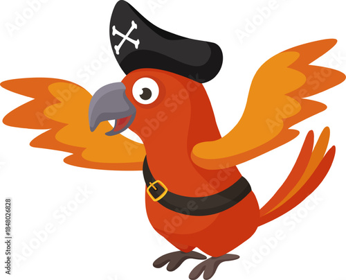Pirate parrot cartoon character spreading wings celebrating adventure