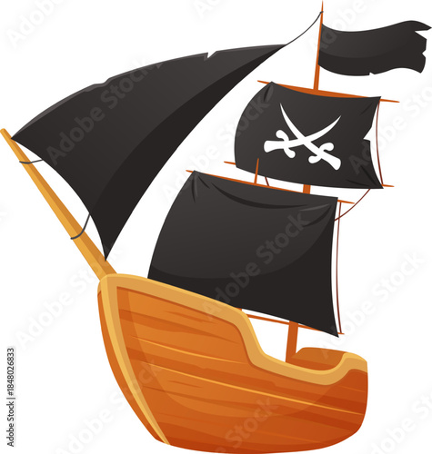 Cartoon pirate ship with skull and crossed swords flag