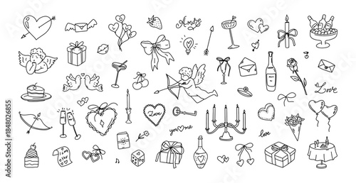 Hand drawn valentine day doodle for love and romance card with heart and cupid, gift and anniversary celebration. Rose and ring, cake and key for wedding or engagement vector isolated design