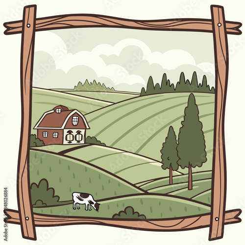 Rustic farmhouse in rolling hills