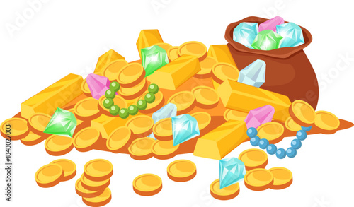 Gold coins and gems forming precious treasure pile