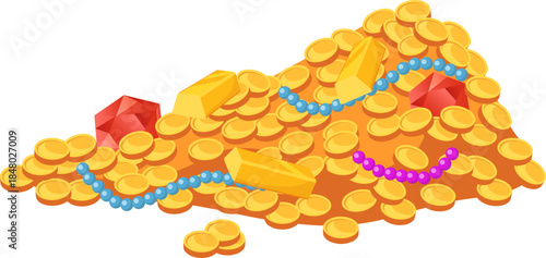 Treasure pile featuring gold coins, bars, and precious gems