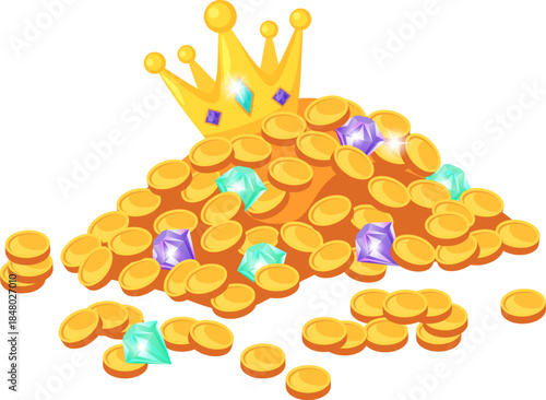 Golden crown on pile of coins and sparkling gems
