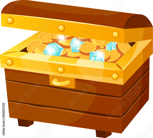 Open wooden treasure chest filled with gold and diamonds