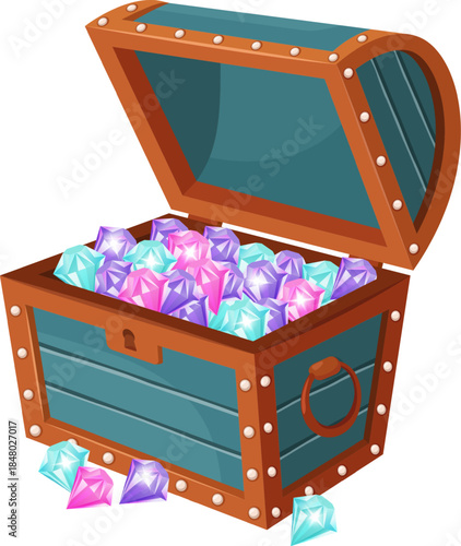 Open treasure chest overflowing with colorful sparkling gems