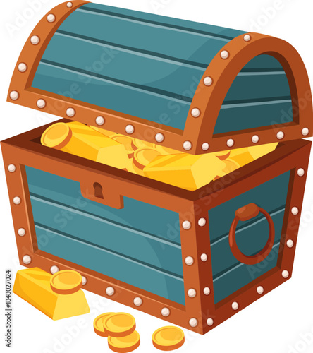 Wooden treasure chest overflowing with golden bars and coins