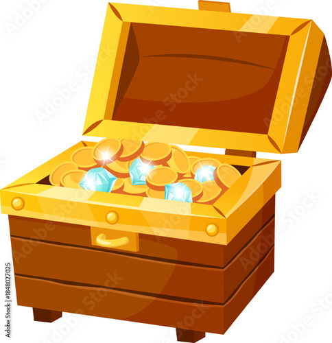 Treasure chest overflowing with gold coins and shining diamonds