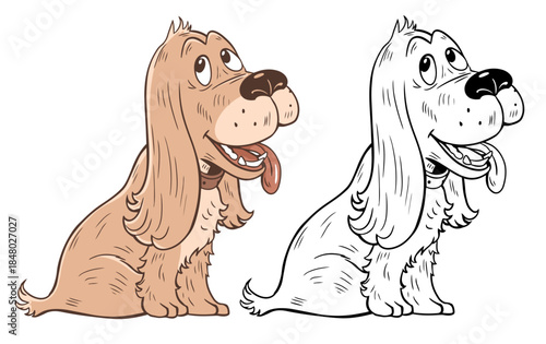 Cartoon spaniel dog sitting isolated color and outline set