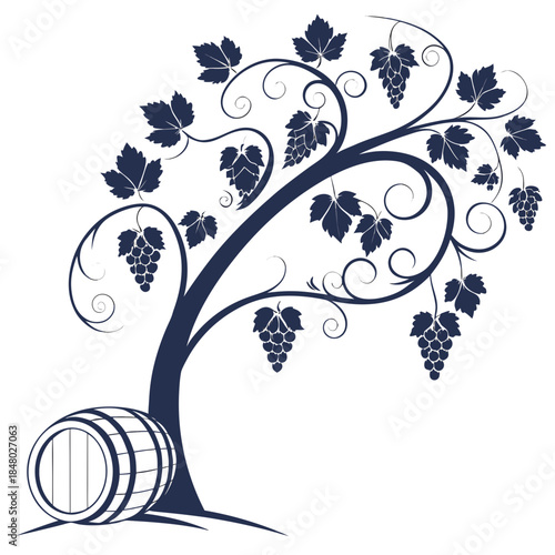 Vine with grapes and barrel