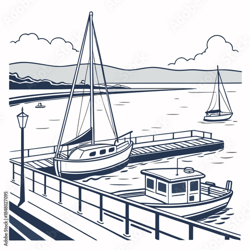 Sailboat and tugboat at harbor