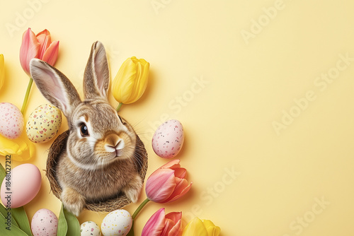 The Easter bunny pops out of a hole on a pastel yellow background, surrounded by tulips and Easter eggs. Background space for text and design