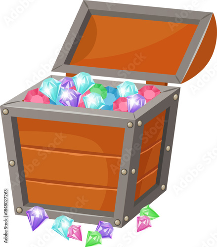Wooden treasure chest overflowing with colorful gems and diamonds
